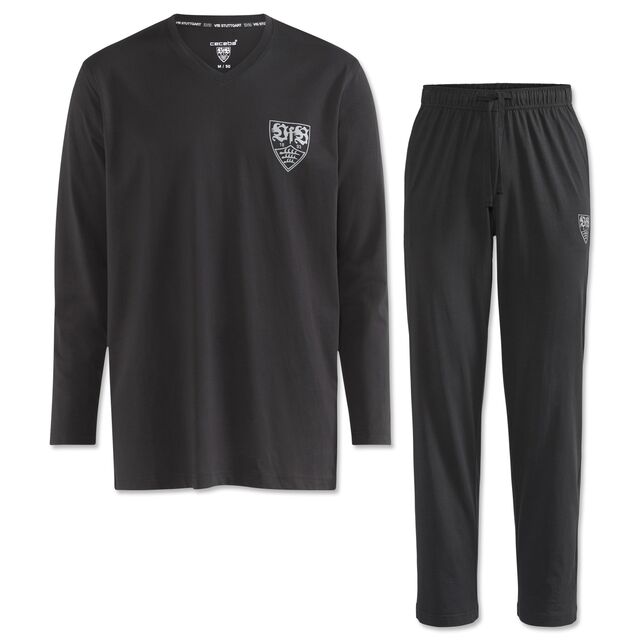 schwarzes Pyjama Oberteil mit VfB Wappen und schwarze Pyjama Hose mit VfB Wappen