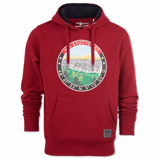 roter Hoodie mit Kängurutaschen und mit runder Grafik von Stuttgart, umrahmt von den Koordinaten des Stadions