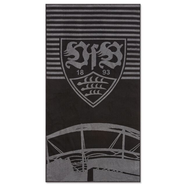 schwarzes Badetuch mit grauen Streifen, dem VfB Wappen und dem Stadion