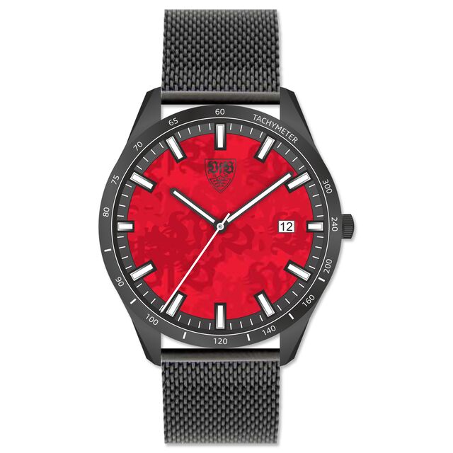 schwarze Uhr mit Tachymeter, Datumsangabe und VfB Wappen auf dem roten Ziffernblatt