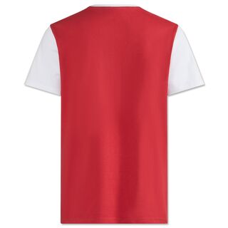 rote Rückseite des T-Shirts mit weißen Ärmeln