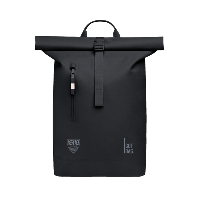 schwarzer Rolltop Rucksack mit VfB Wappen und GOT BAG Logo
