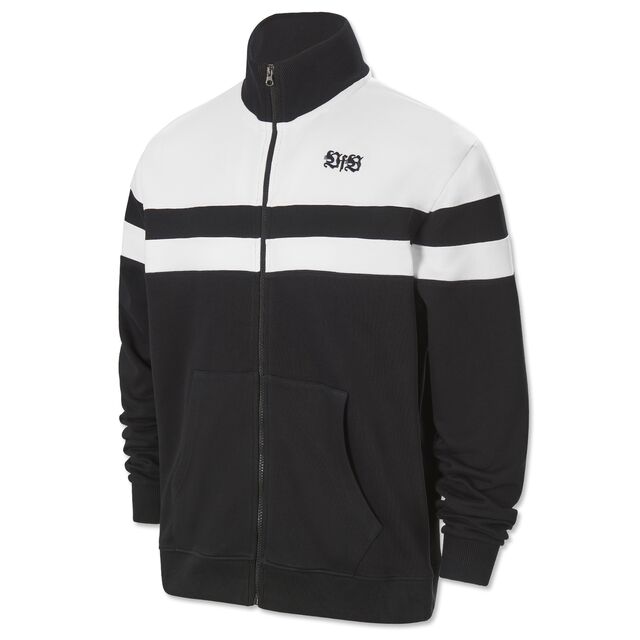 schwarz-weiße Jacke mit VfB Schriftzug auf der Brust