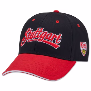 schwarz-rote Cap mit Aufschrift Stuttgart und VfB Wappen an der Seite