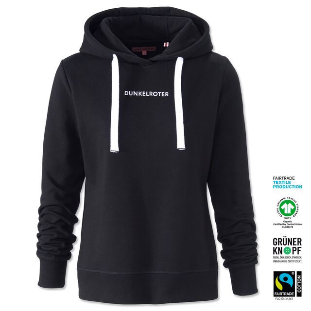 schwarzer Hoodie mit Damenschnitt mit weißen Bändeln und der Aufschrift Dunkelroter auf der Vorderseite
