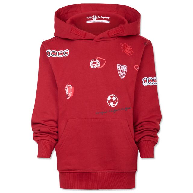 roter Hoodie mit Kängurutaschen und VfB- und Fußballelementen 