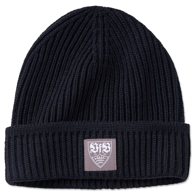 schwarze, grob gestrickte Beanie mit VfB Wappen