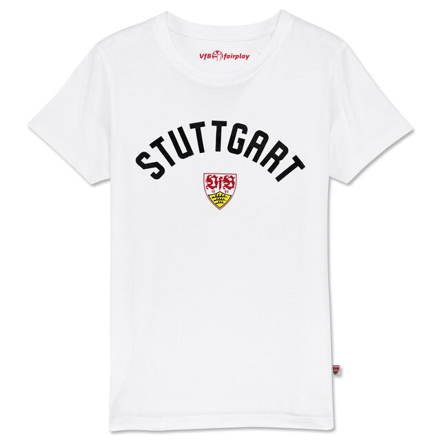 Weißes T-Shirt mit schwarzem Stuttgart Schriftzug und VfB Wappen 
