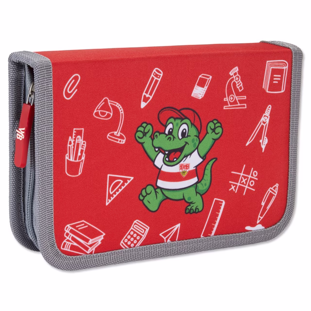 Rotes Mäppchen mit Schulmotiven und Fritzle und VfB Logo 
