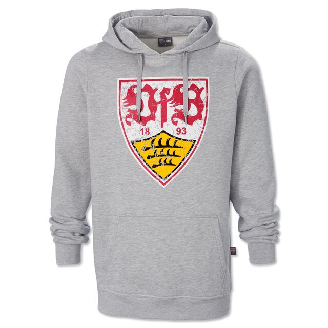 grauer Hoodie mit Kängurutaschen mit großem VfB Wappen im Used Look