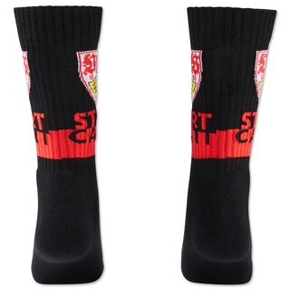 schwarze Rückseite der Socken mit VfB Wappen und der Aufschrift Stuttgart Bad Cannstatt