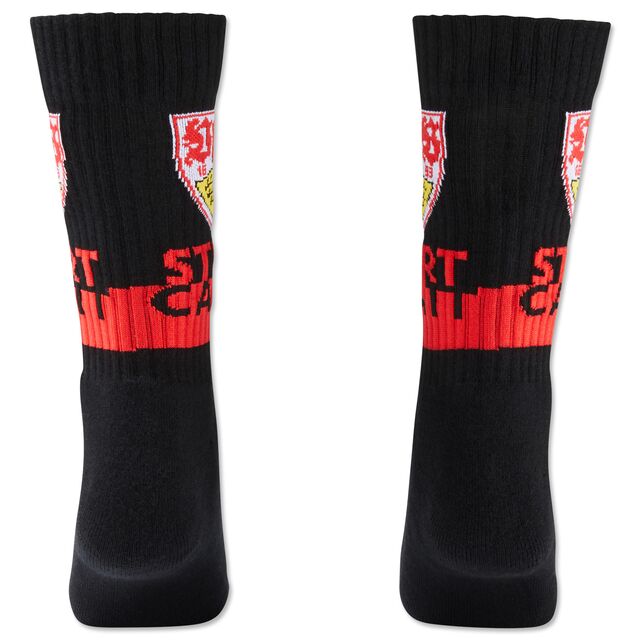 schwarze Rückseite der Socken mit VfB Wappen und der Aufschrift Stuttgart Bad Cannstatt
