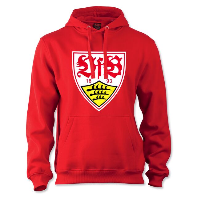 roter Hoodie mit Kängurutaschen und mit großem VfB Wappen