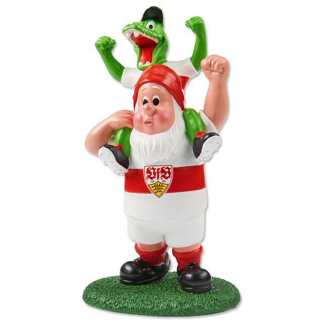 Gartenzwerg im VfB Heimtrikot trägt Fritzle Huckepack