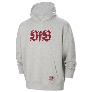 grauer oversized Hoodie mit Kängurutaschen und rotem VfB Schriftzug auf der Vorderseite