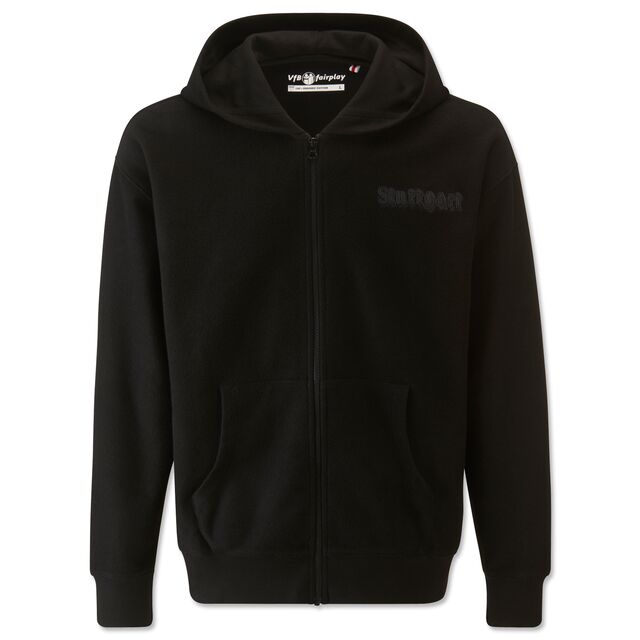 schwarze Sweatjacke mit Reißverschluss und Seitentaschen und Stuttgart Schriftzug auf der Brust