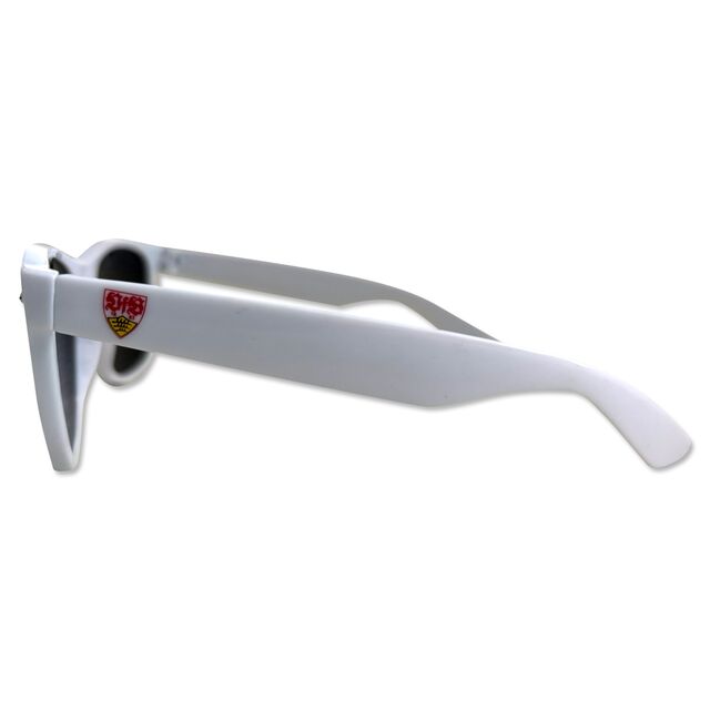 weiße VfB Sonnenbrille mit VfB Wappen seitlich am Rahmen