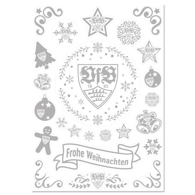 Bogen mit silbernen VfB- und Weihnachtsmotiven als Fensteraufkleber