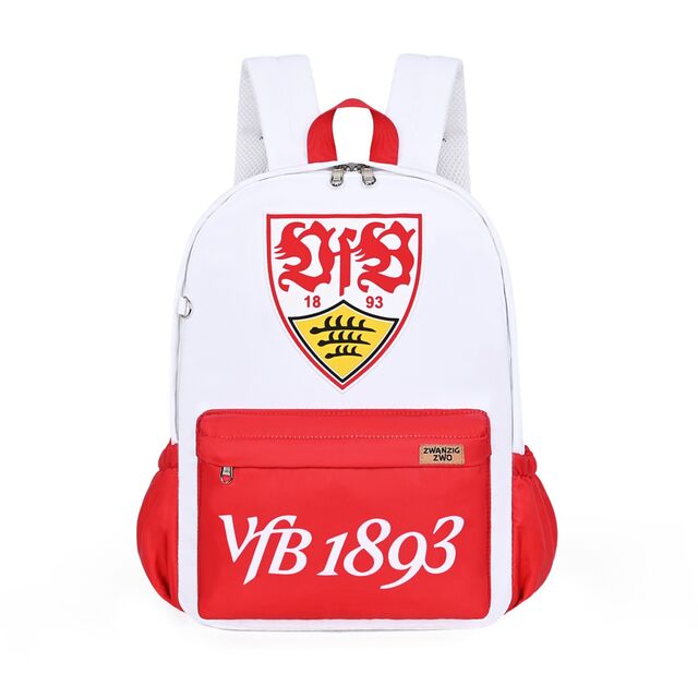 Weißer Rucksack mit großem VfB Wappen und roten Taschen mit Schriftzug VfB 1893 