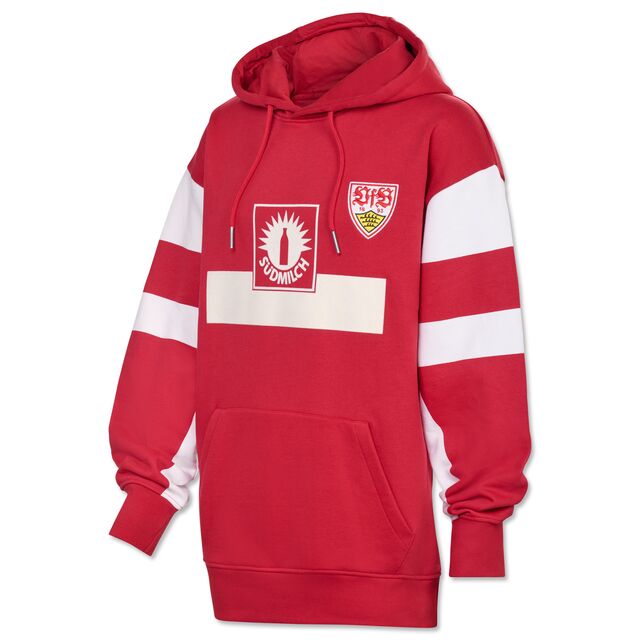 rot-weißer Hoodie mit Kängurutaschen, Südmilch Logo und VfB Wappen