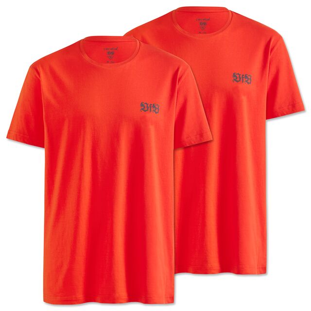 zwei rote T-Shirts mit schwarzem VfB Logo auf der Brust