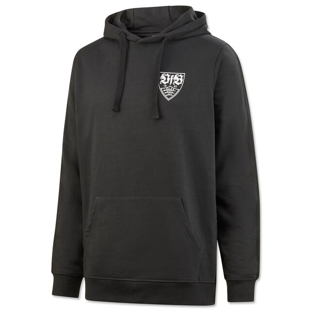 schwarzer Hoodie mit Kängurutaschen und weißem VfB Wappen auf der Vorderseite