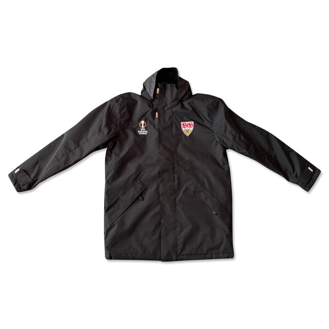 schwarze Jacke mit Seitentaschen, VfB Wappen und Europa League Logo
