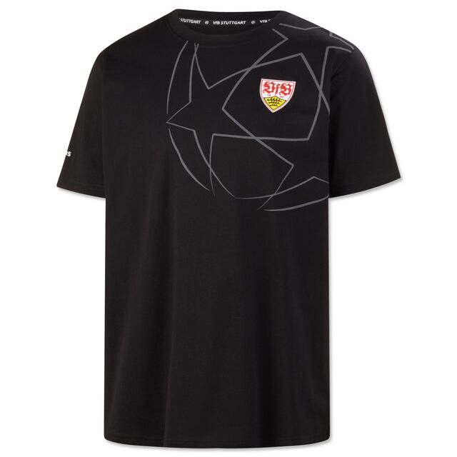 schwarzes T-Shirt mit VfB Wappen und Champions League Ball