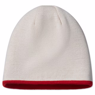 beigefarbene Rückseite der Beanie mit rotem Rand
