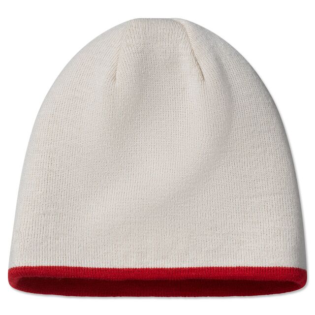 beigefarbene Rückseite der Beanie mit rotem Rand