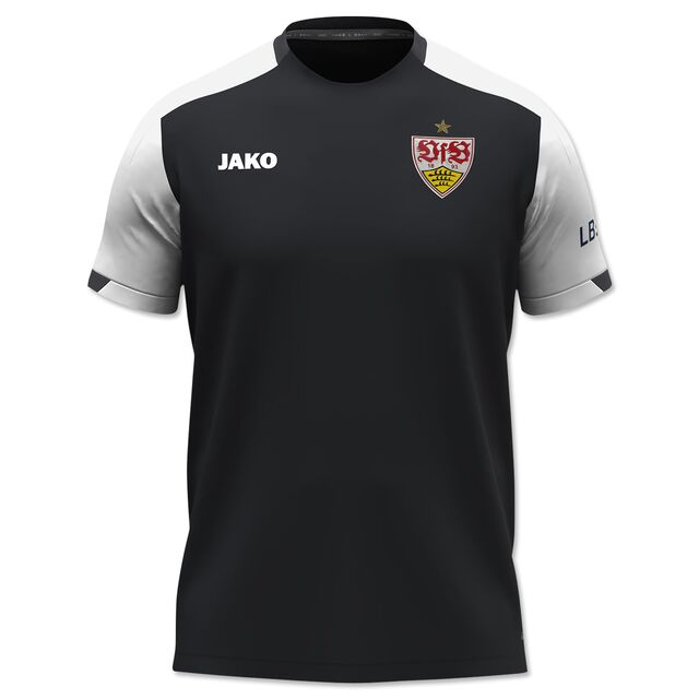 schwarz-weißes Trainingsshirt mit VfB Wappen und JAKO Schriftzug