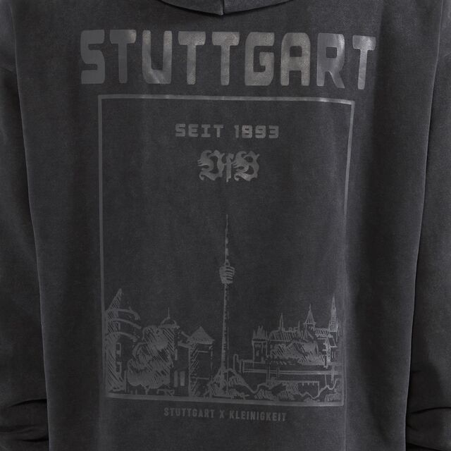 Nahaufnahme der Grafik des Stadtbilds von Stuttgart auf dem Hoodie