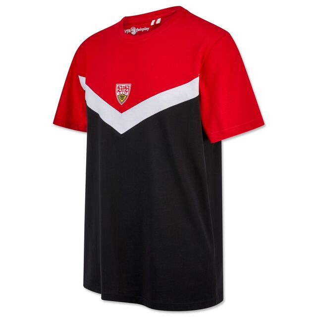 T-Shirt in Schwarz, Rot und Weiß mit VfB Wappen auf der Brust