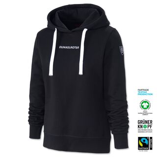 schwarzer Hoodie mit Damenschnitt mit weißen Bändeln und der Aufschrift Dunkelroter auf der Vorderseite