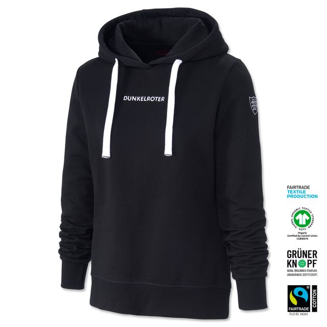 schwarzer Hoodie mit Damenschnitt mit weißen Bändeln und der Aufschrift Dunkelroter auf der Vorderseite