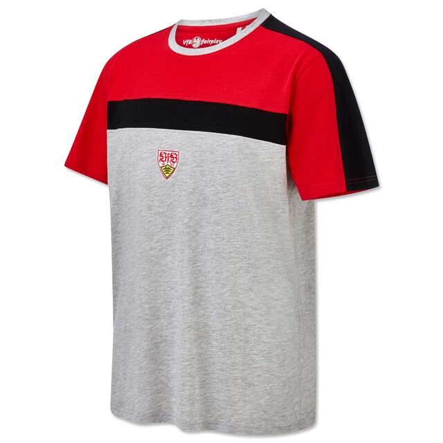 T-Shirt in Rot und Grau mit schwarzem Brustring und VfB Wappen