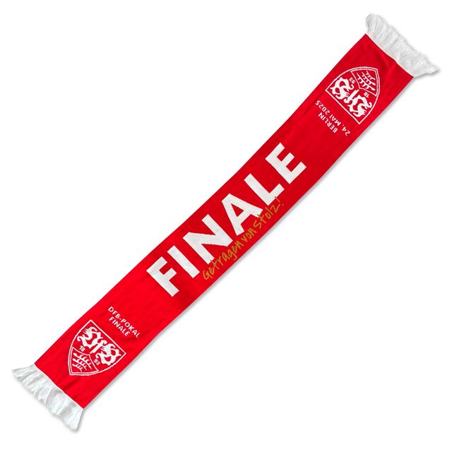 Rückseite des weiß-roten Schals mit der Aufschrift Finale Getragen von Stolz