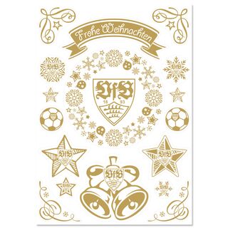 Bogen mit weißen VfB- und Weihnachtsmotiven als Fensteraufkleber