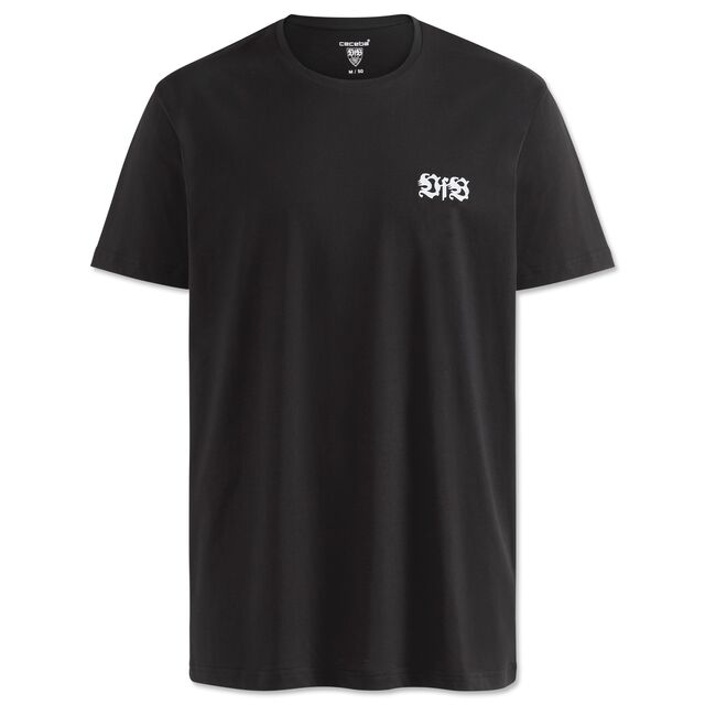schwarzes T-Shirt mit weißem VfB Logo auf der Brust