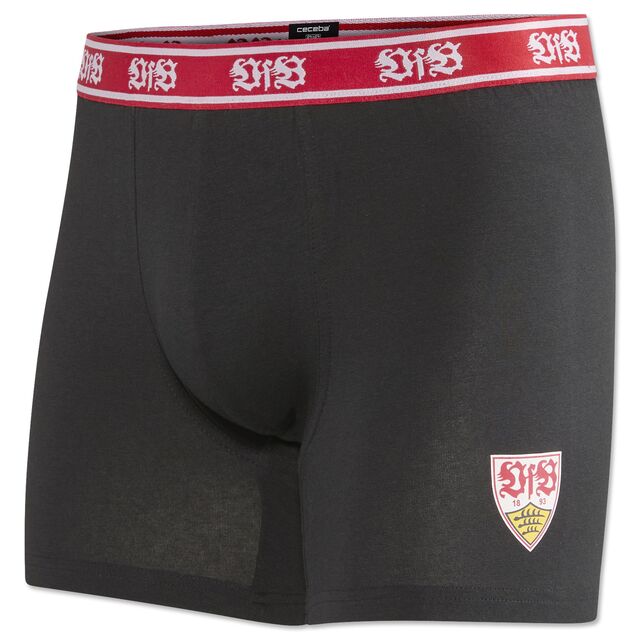 schwarze Boxershorts mit VfB Logo am oberen Rand und VfB Wappen an der Seite