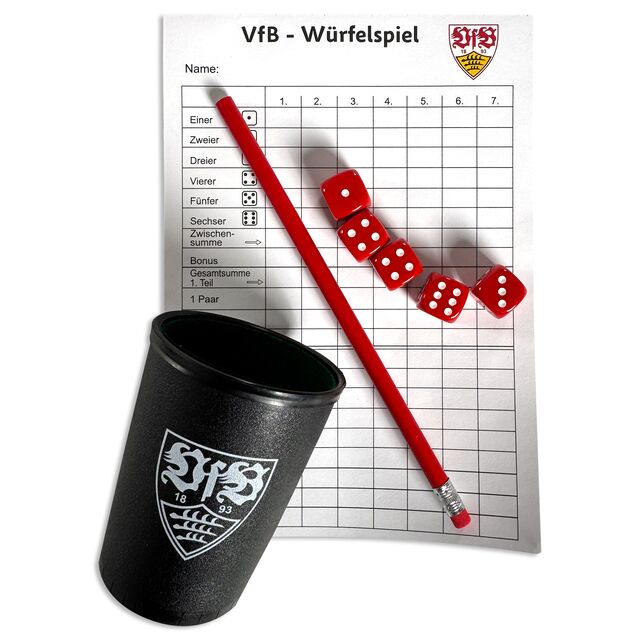 Würfelspiel mit Becher, Stift und Würfel 