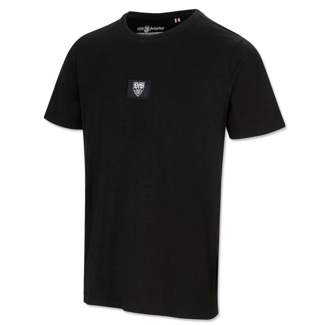 schwarzes T-Shirt mit kleinem weißen VfB Wappen in der Mitte