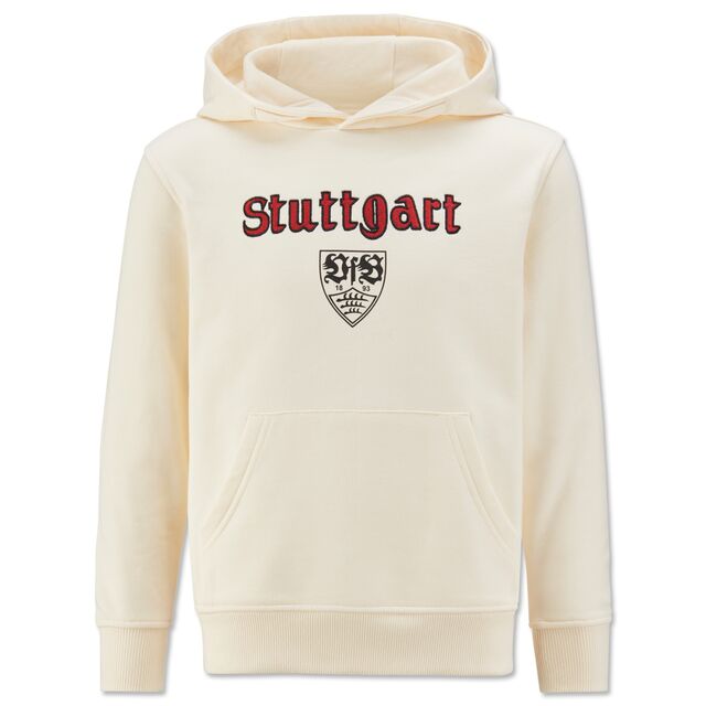 Hoodie in beige mit rotem Stuttgart Schriftzug und VfB Wappen 