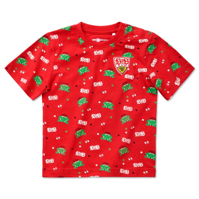 Rotes T-Shirt mit VfB und Fritzle Motiven und VfB Wappen auf der Brust 