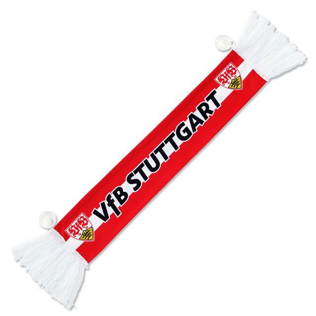 weiß-roter Autoschal mit Saugnäpfen mit VfB Wappen und der Aufschrift VfB Stuttgart