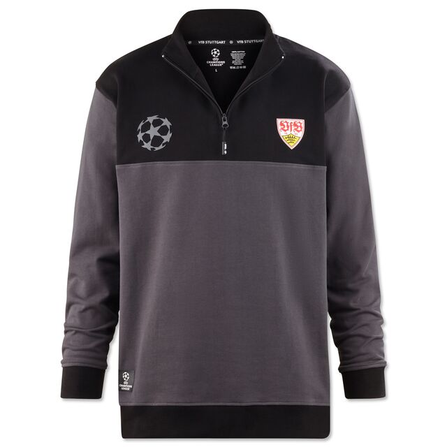 grau-schwarzer, oversized Zip-Hoodie mit VfB Wappen und Champions League Ball auf der Brust