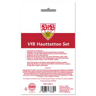 Rückseite der Verpackung mit Inhaltsstoffen, Hinweisen und Informationen zu den Hauttattoos
