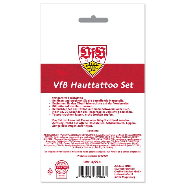Rückseite der Verpackung mit Inhaltsstoffen, Hinweisen und Informationen zu den Hauttattoos