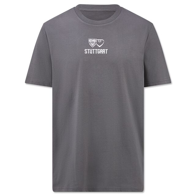 graues T-Shirt mit dem Logo der VfB-Stiftung Brustring der Herzen und der Aufschrift Stuttgart