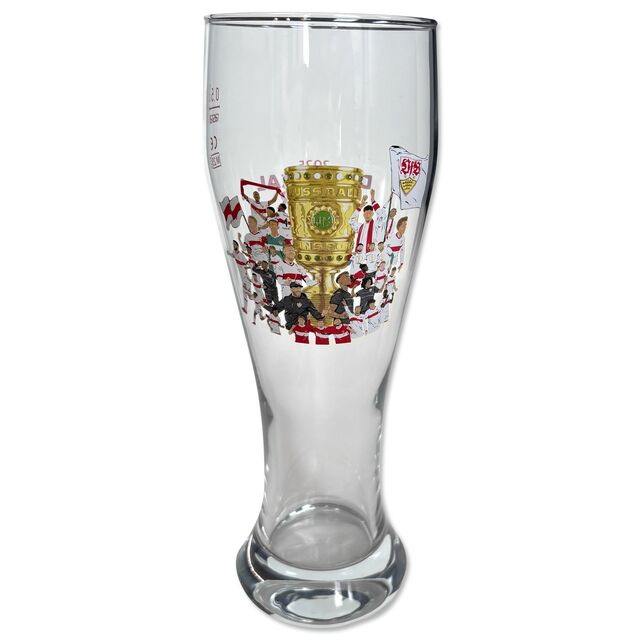 Weizenbierglas mit Foto des DFB-Pokals und der Mannschaft